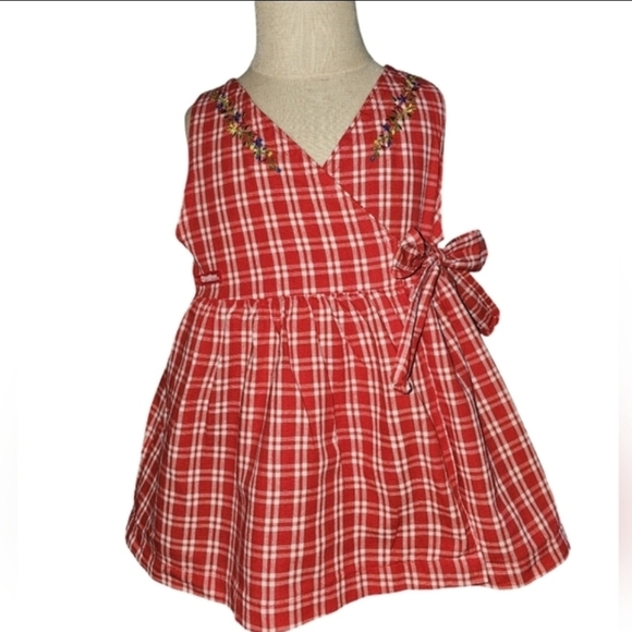Vtg OshKosh B'gosh Red Gingham Wrap Dress Floral Embroidered USA Toddler Sz 2T - Picture 16 of 16